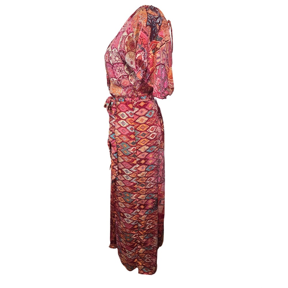 White Waves Boho Mixed Print Wide Leg Jumpsuit Open Back Tassel Burgundy S/M - Picture 3 of 15